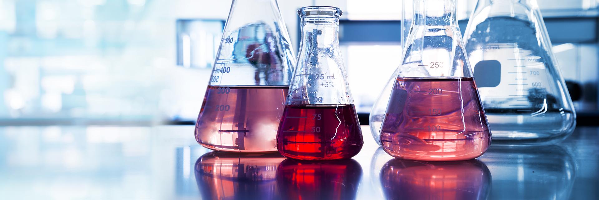 Two graduated Erlenmeyer flasks containing a red liquid