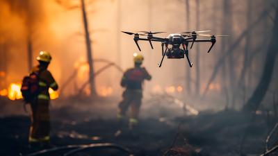 Two Fire Fighters and a drone on a forest fire