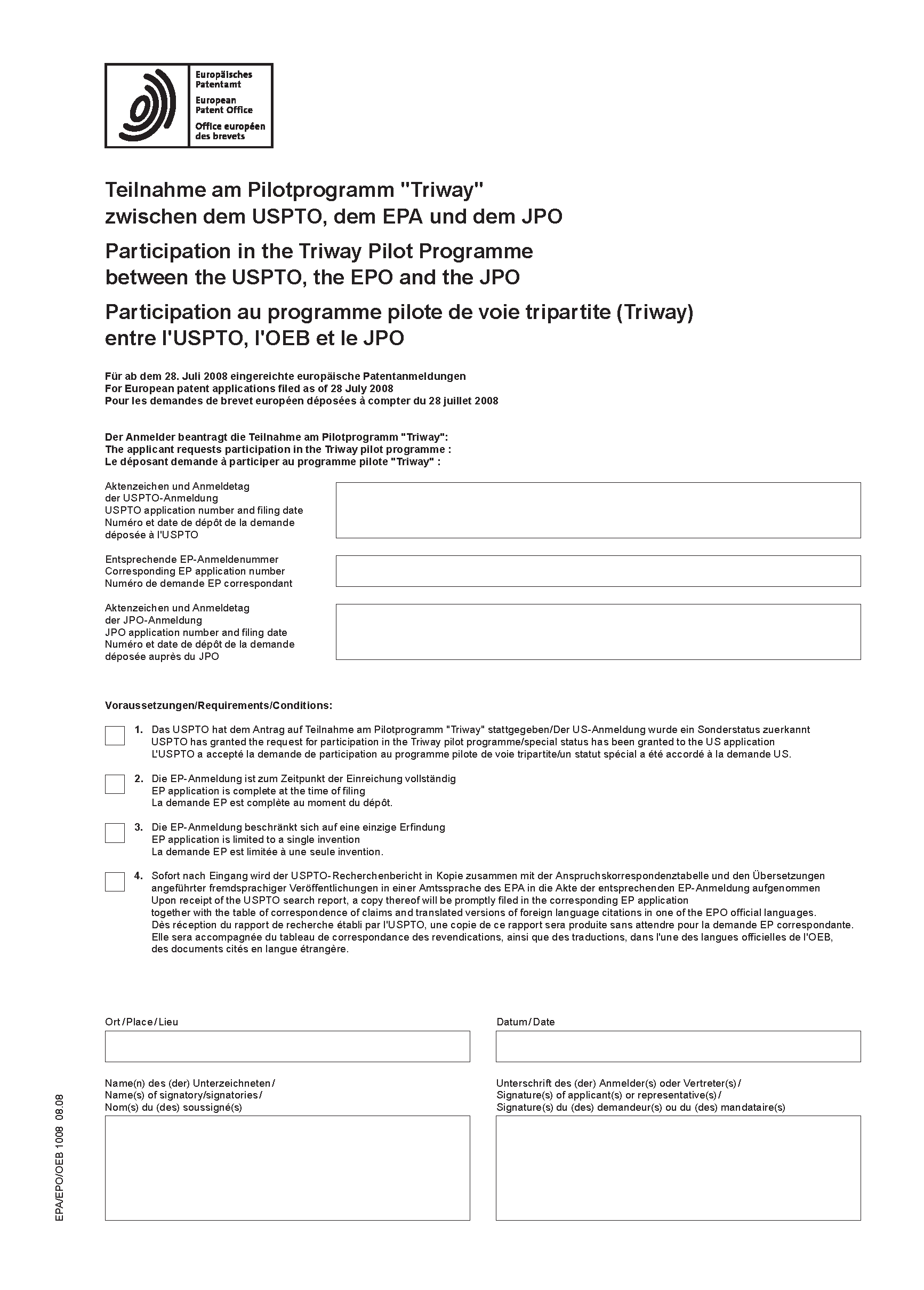 Merkblatt für die Teilnahme am Pilotprogramm "Triway" zwischen dem USPTO, dem EPA und dem JPO...