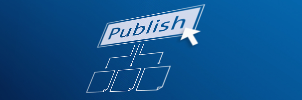 The word "publish", arrows pointing downwards from it to different documents and cursor on blue background.