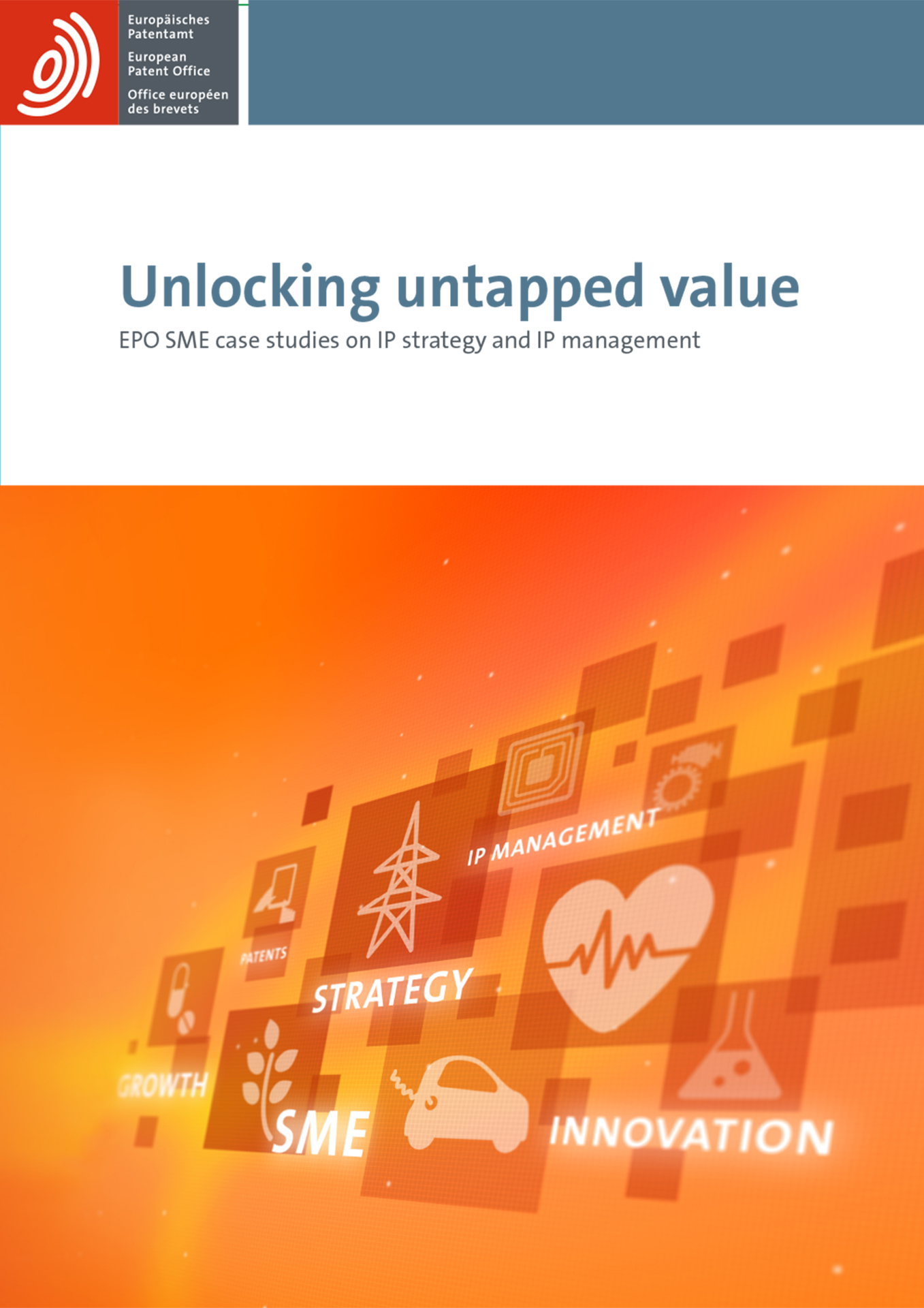 EPO publication cover with orange background and text - growth, strategy, innovation