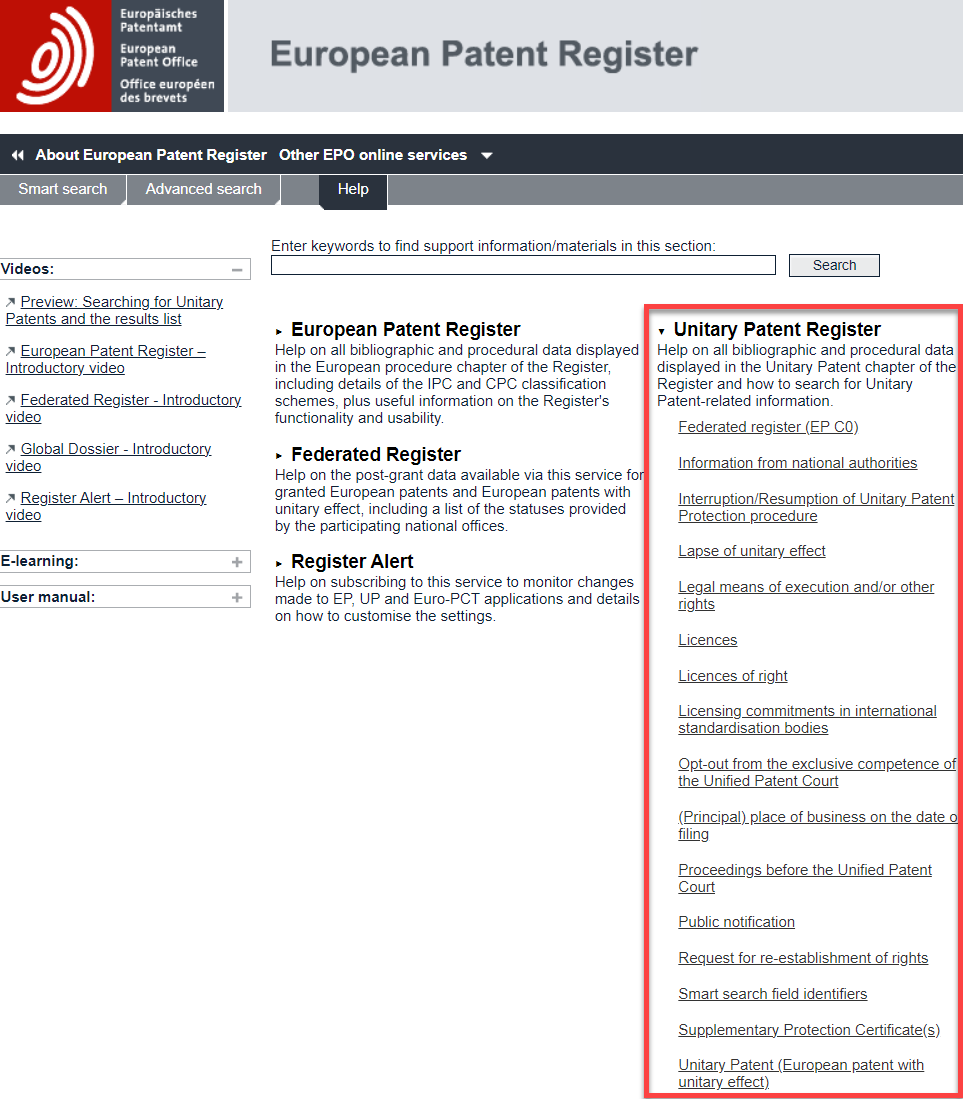 European Patent Register screenshot