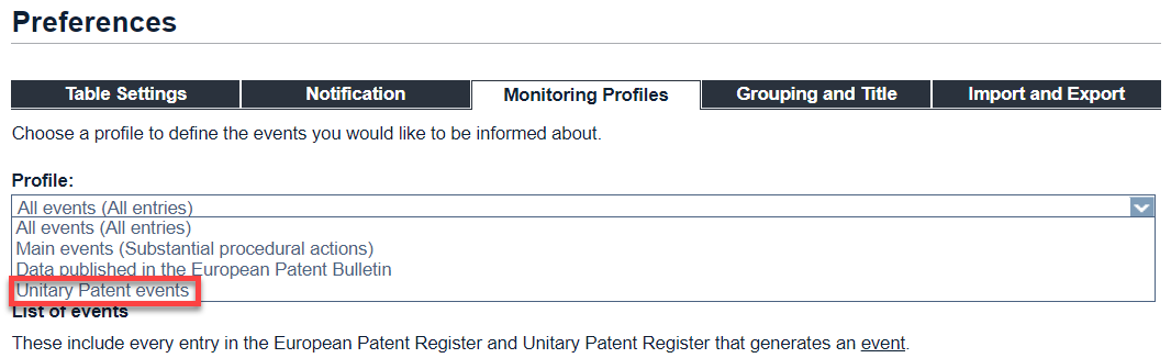 European Patent Register screenshot