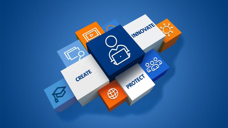 Eleven boxes on blue background with different symbols and texts, stating "create, protect, innovate".