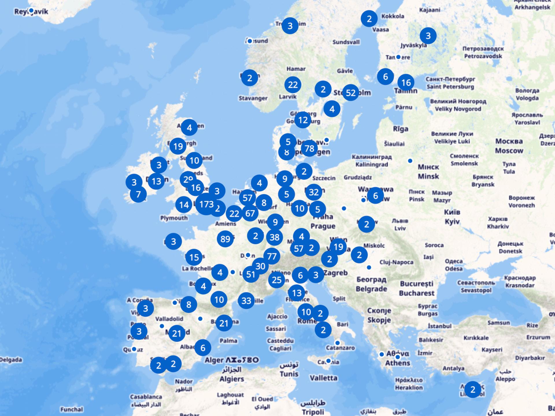 Screenshot of the Deep Tech Finder, which shows a map of Europe and marked startups specialising in core AI business and research activities