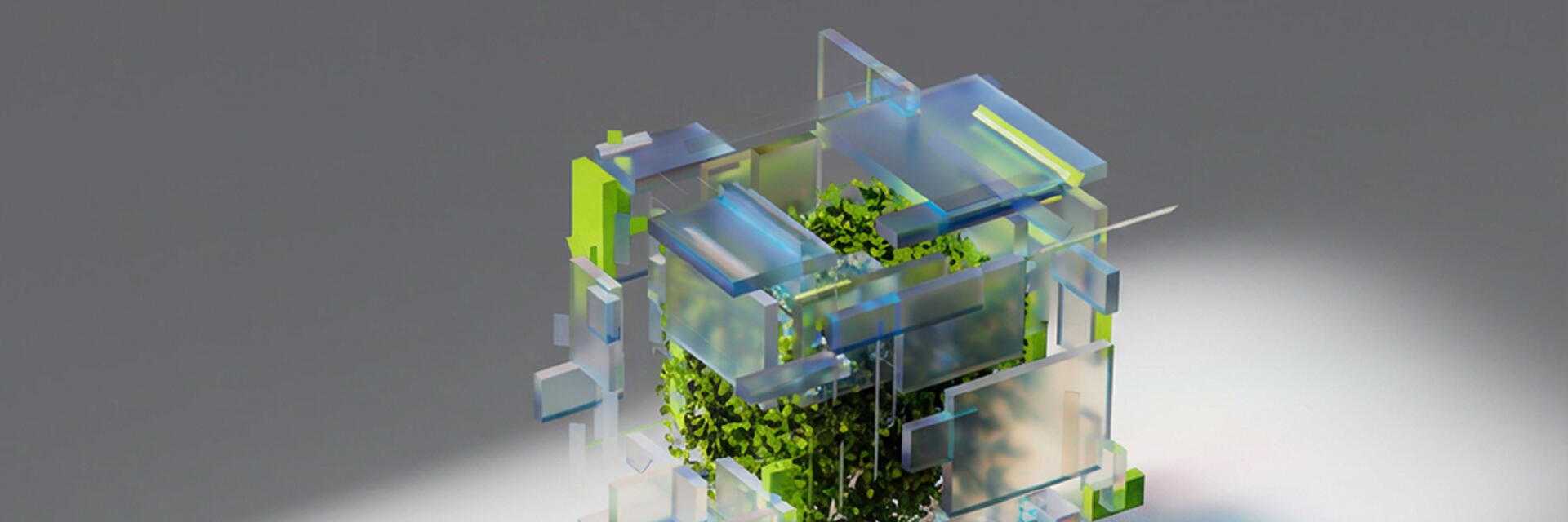 Graphical art showing abstract block of glass and inside some green plants