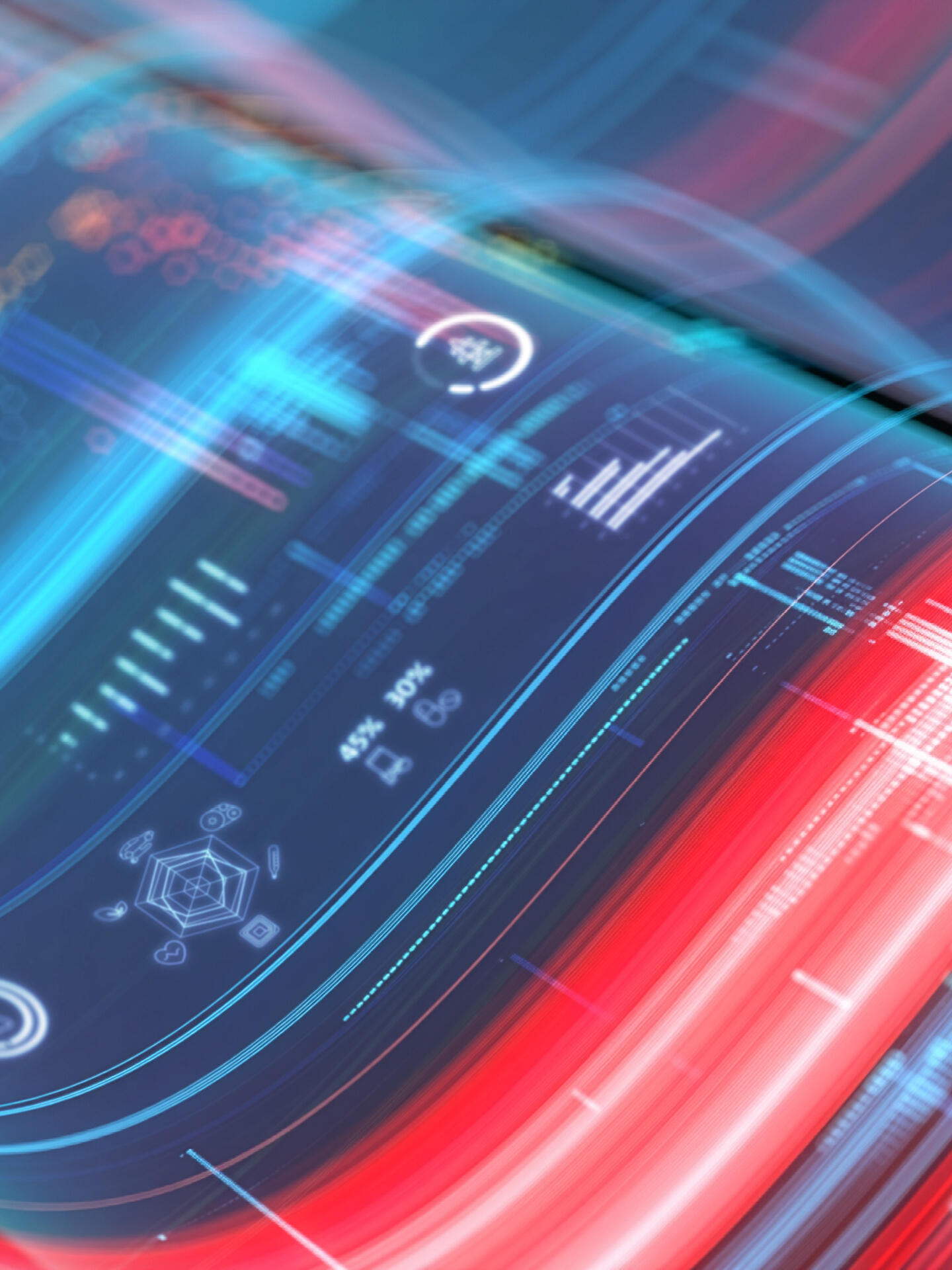 Keyvisual for EPO Technology Dashboard showing abstract image of streams of data in red and blue colours
