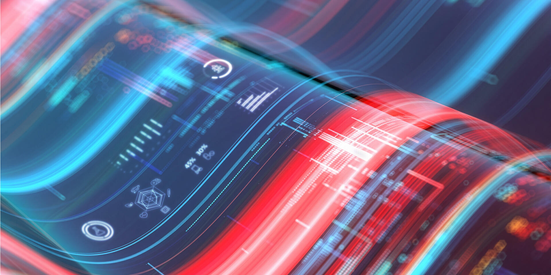 Keyvisual for EPO Technology Dashboard showing abstract image of streams of data in red and blue colours