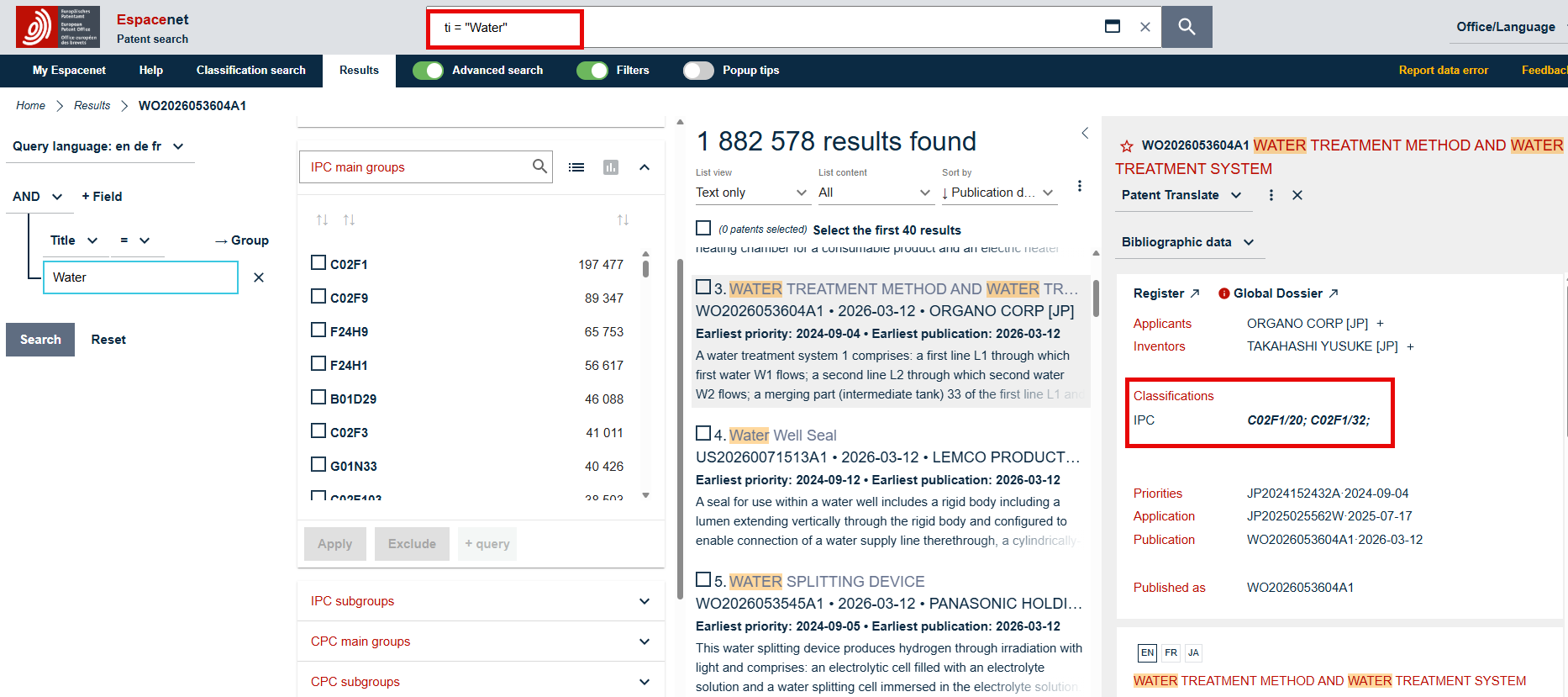 Search in Espacenet with the keyword “water” in the search field “title”