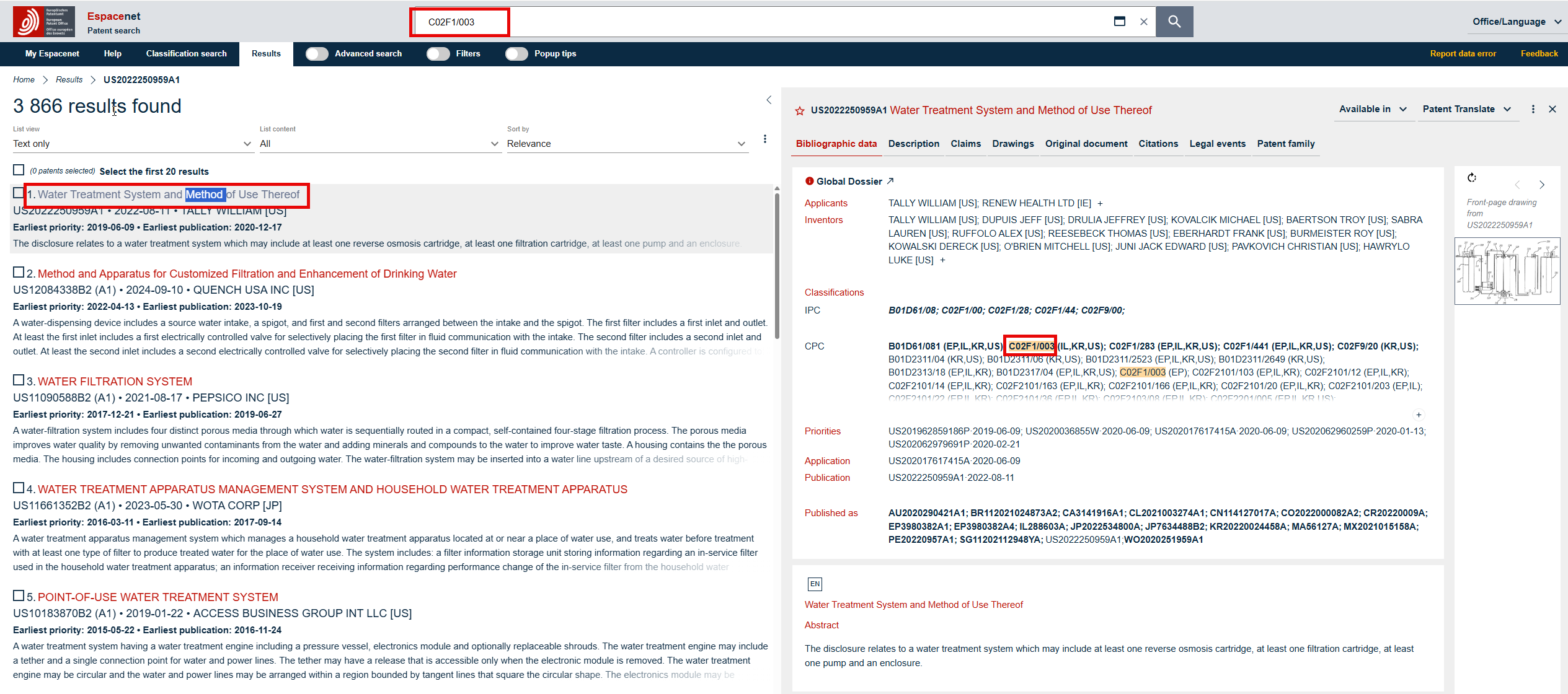 Searching by classification in Espacenet leads to a smaller dataset focused on specialised technologies.