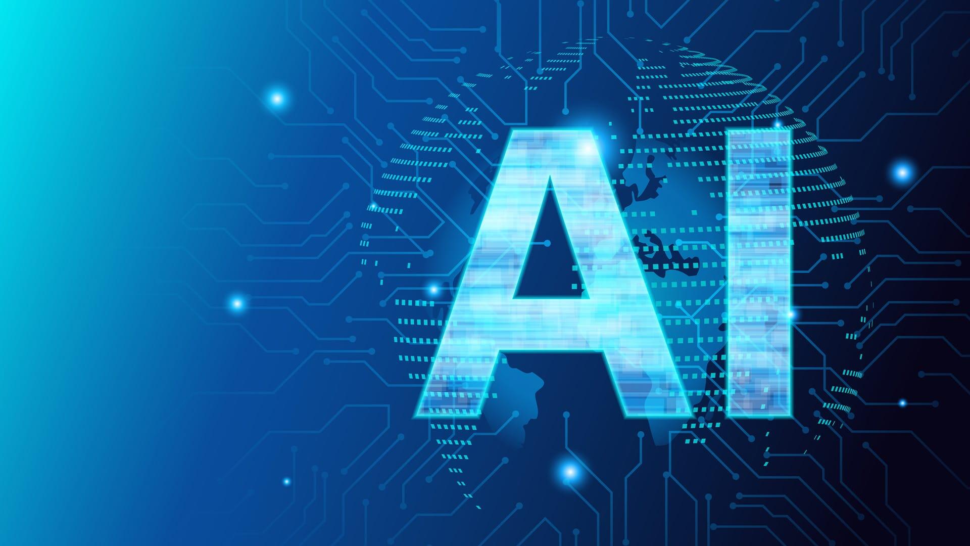 The word AI written on blue, futuristic looking background