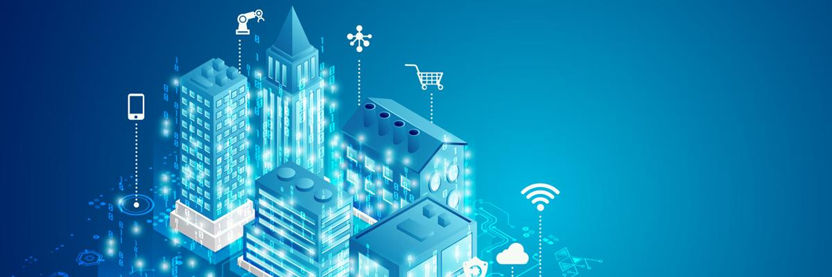 Houses in artificial style on blue background, white icons hovering above, such as a phone, wifi, cloud, shopping cart