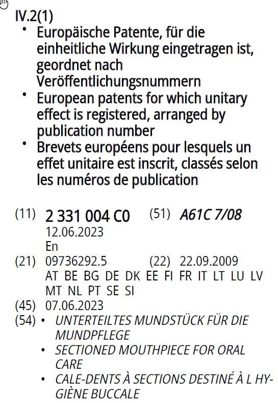 Extract of an announcement of the registration of the unitary effect in section IV.2(1) of the European Patent Bulletin