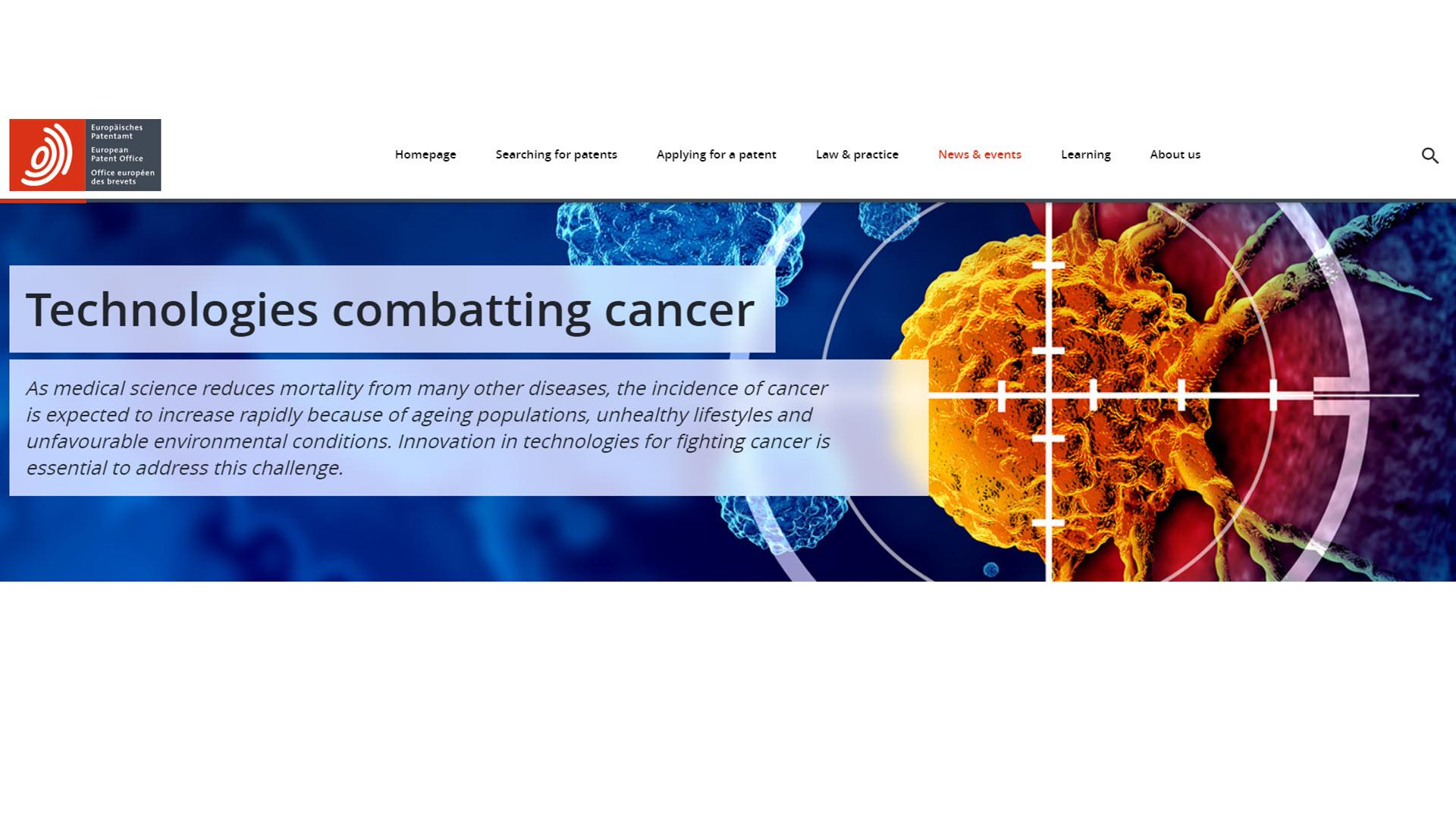 Screenshot of the EPO platform on technologies combatting cancer.