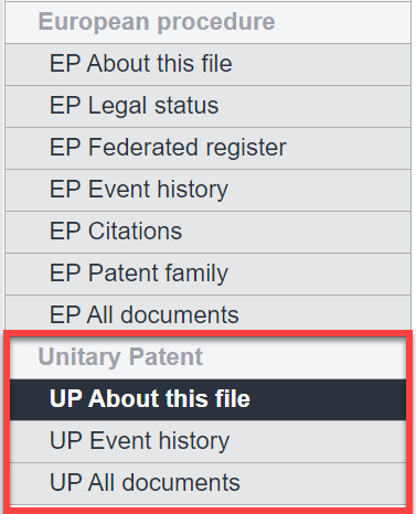 The navigation bar in the European Patent Register listing the various panel views, divided into the European procedure and Unitary Patent sections. The Unitary Patent section is highlighted.