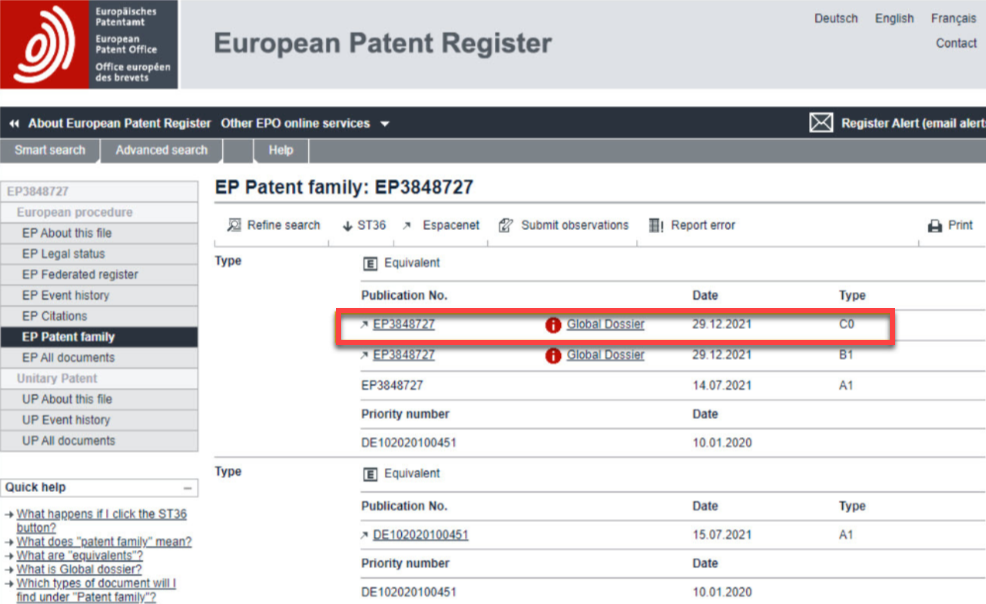 Figure 2. Vue EP Famille de brevets avec le membre de la famille EP C0 (maquette - seule la version anglaise est disponible). 