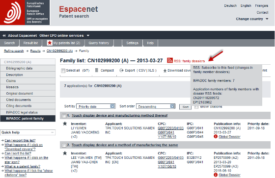 Screenshot from Espacenet