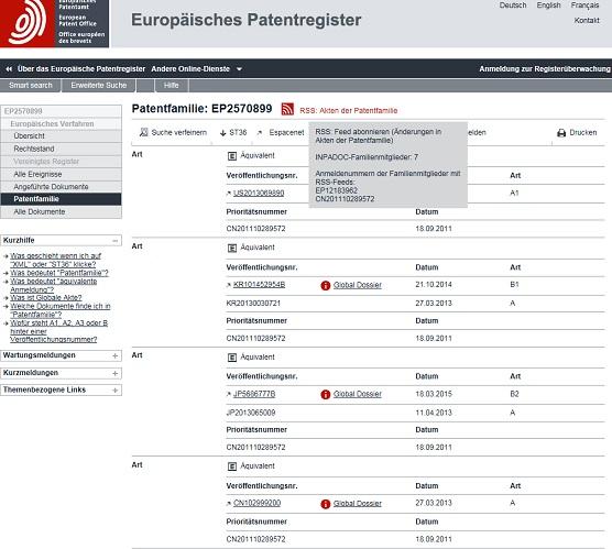 Screenshot from the European Patent Register