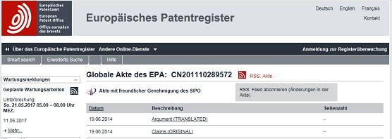 Screenshot from the European Patent Register