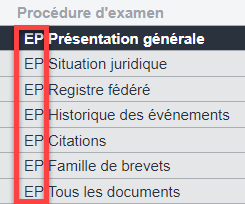 Capture d'écran du registre européen des brevets