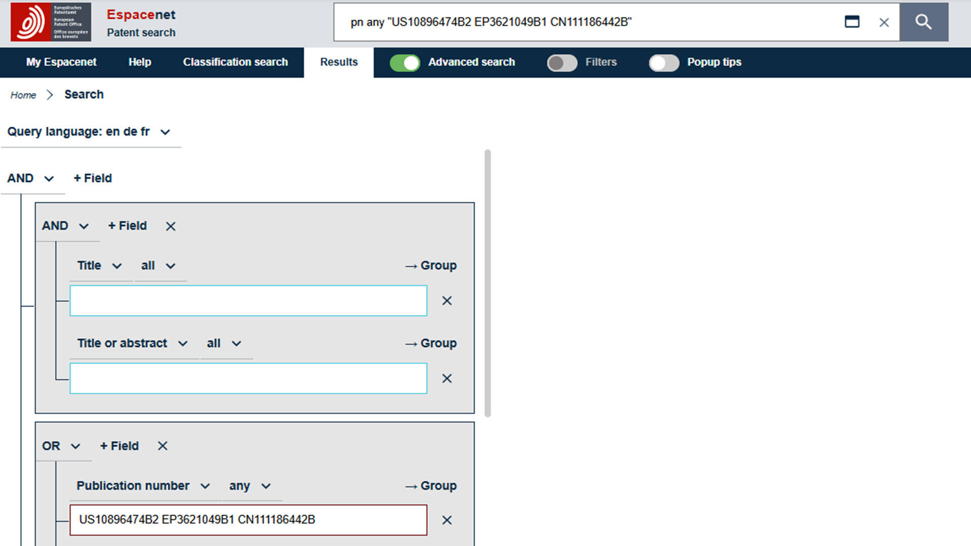 Espacenet - Search for more than one patent number