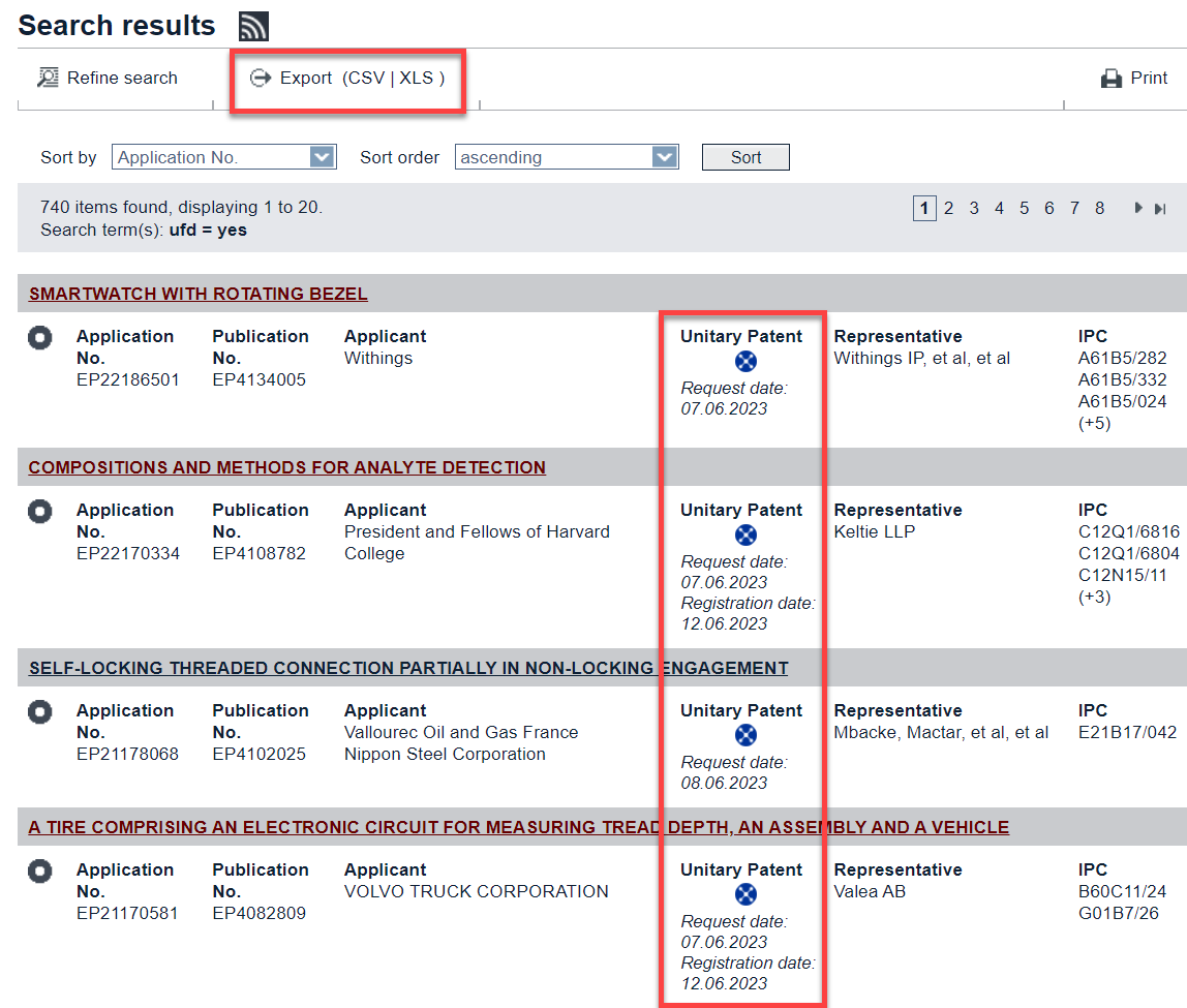 Fig. 1: Unitary Patent column in the Search results view