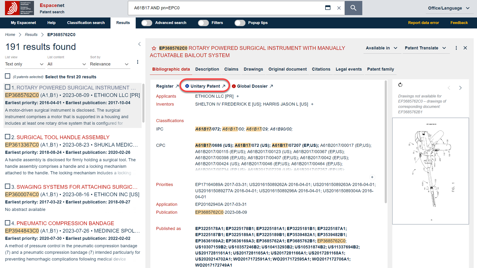 The Unitary Patent hyperlink is displayed in the Bibliographic data, Descriptions and Claims views. It takes you to UP-related procedural and legal information in the Unitary Patent Register of the European Patent Register.