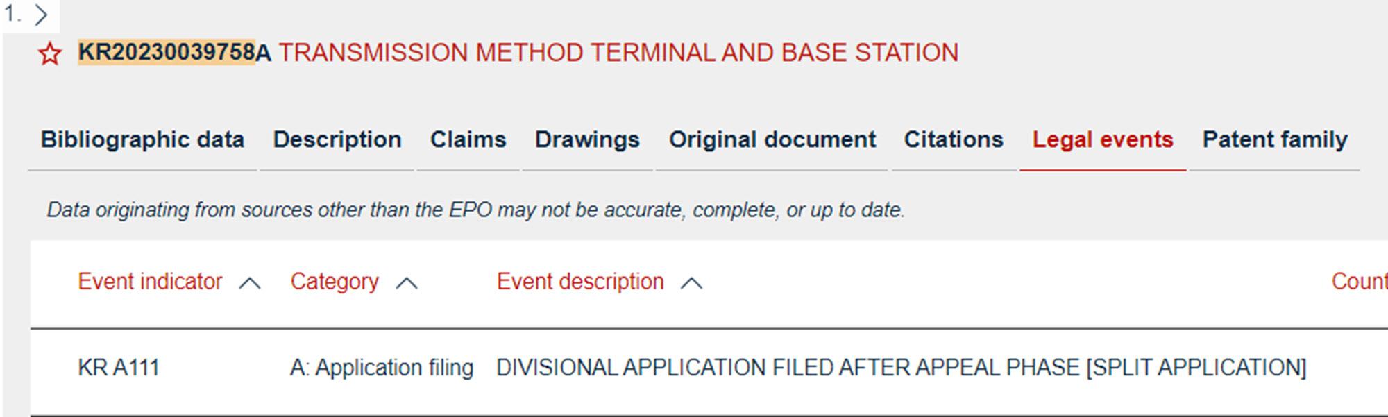 Legal events view in Espacenet showing split application