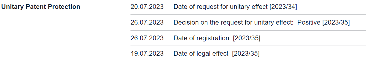 An example of the Unitary Patent Protection part of the UP About this file panel view. Four dates are indicated: the date of request for unitary effect, the decision on the request for unitary effect, the date of registration and the date of legal effect.