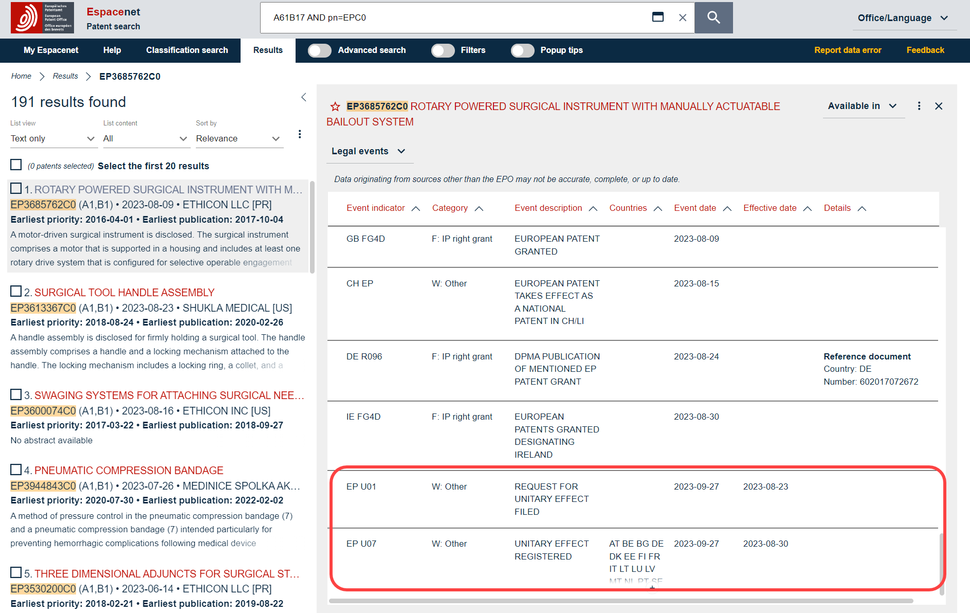 Legal and procedural information related to Unitary Patents is displayed in the Legal events view of Espacenet.