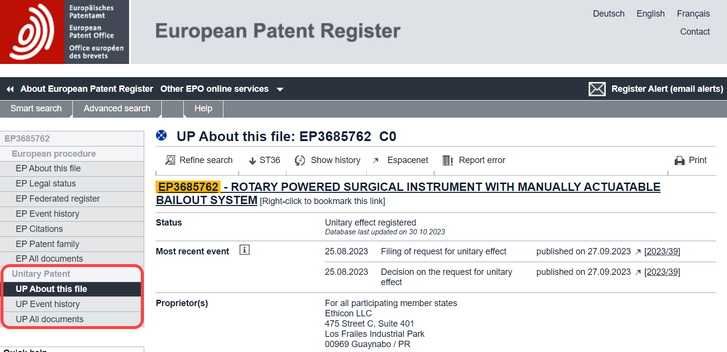 Le Registre du brevet unitaire affiche toutes les informations juridiques et de procédure relatives aux brevets unitaires.