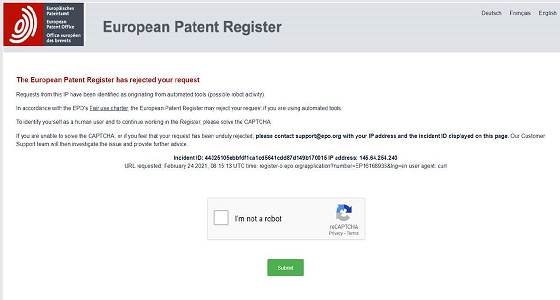 BOT protection system for the Online European Patent Register