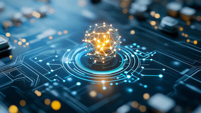 Yellow lightbulb that looks somewhat like quantum computer on blue circuit board