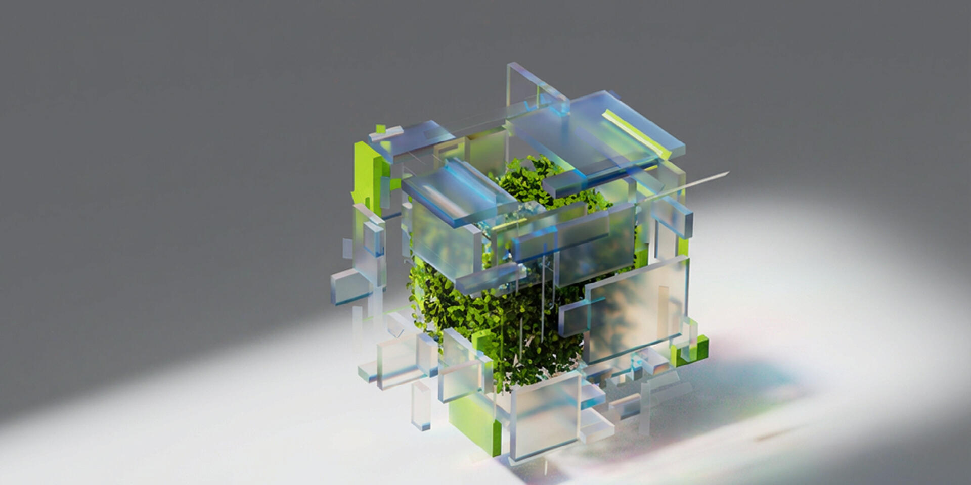 Graphical art showing abstract block of glass and inside some green plants