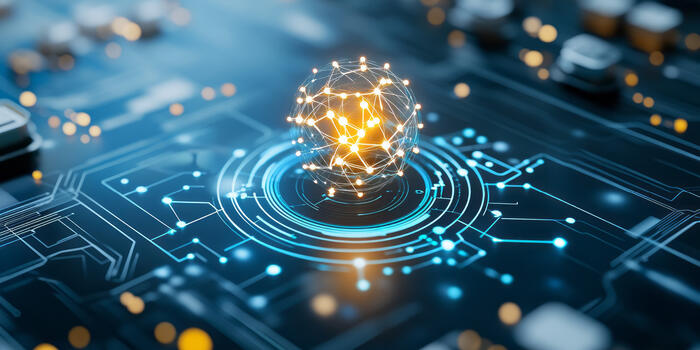 Yellow lightbulb that looks somewhat like quantum computer on blue circuit board