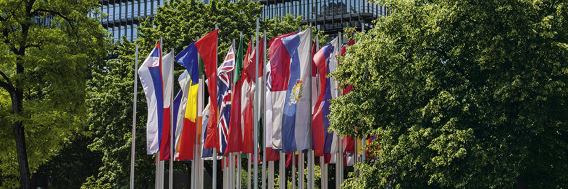 Hosited country flags in front of EPO building in Munich near Isar