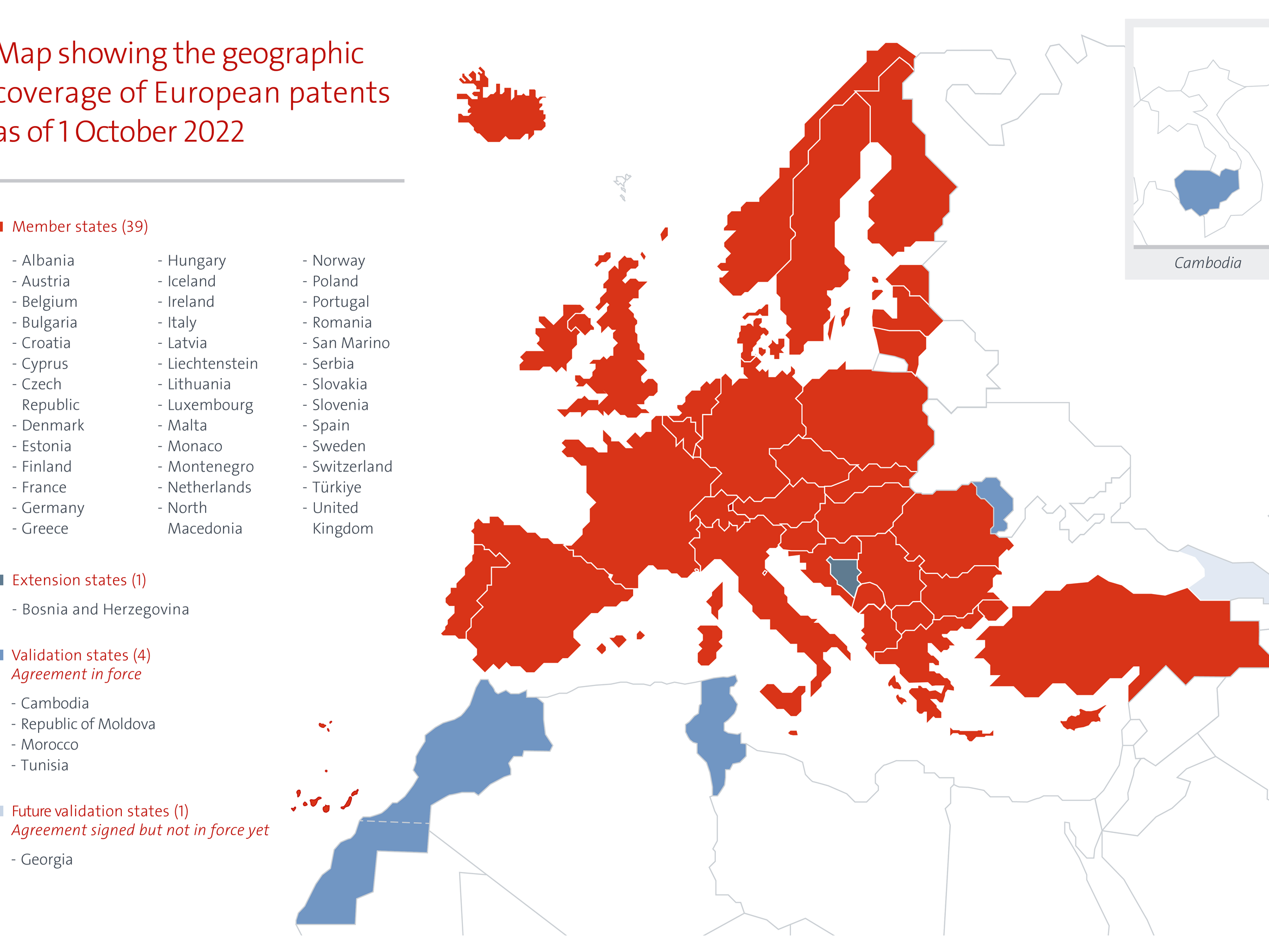 Map showing the geographic coverage of European patents as of 1 October 2022