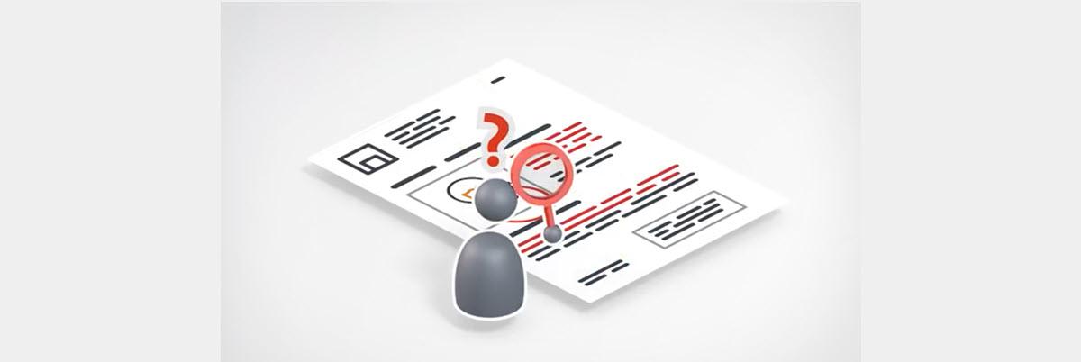 A figure looking at a document with a magnifying glass and a question mark above.